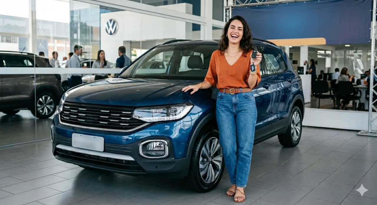 Mulher sorrindo ao lado de SUV azul em concessionária, segurando chave do carro novo.