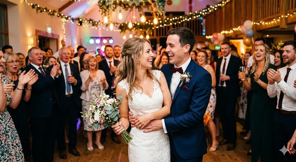 Imagem de dois noivos brancos sorrindo na festa do casamento com convidados ao fundo após fazerem um consórcio para casamento.